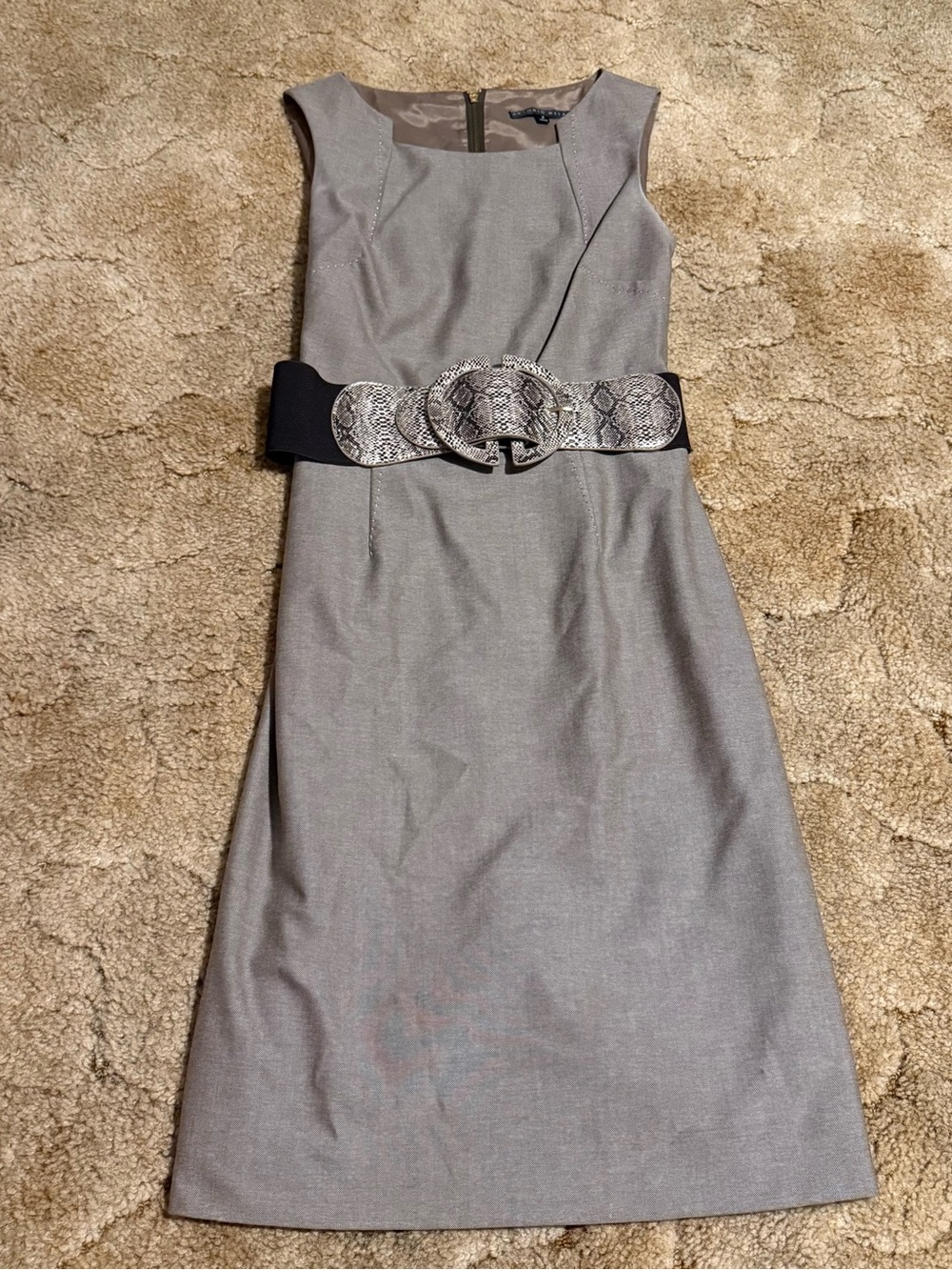 ANTONIO MELANI Silver-Gray Sleeveless Sheath Dress with Statement Belt